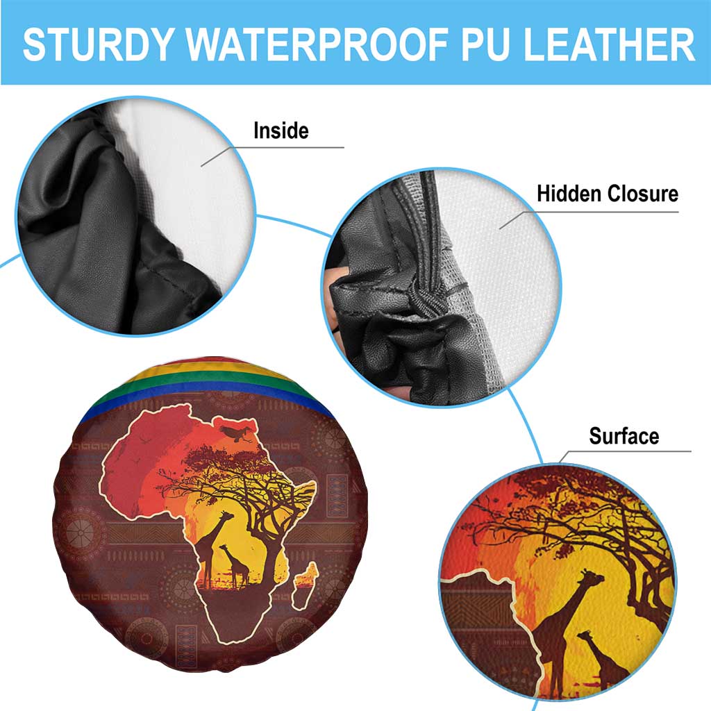 African Sunset Heritage Spare Tire Cover Tribal Pattern with Continent Silhouette, Rainbow Arc & Safari Scene