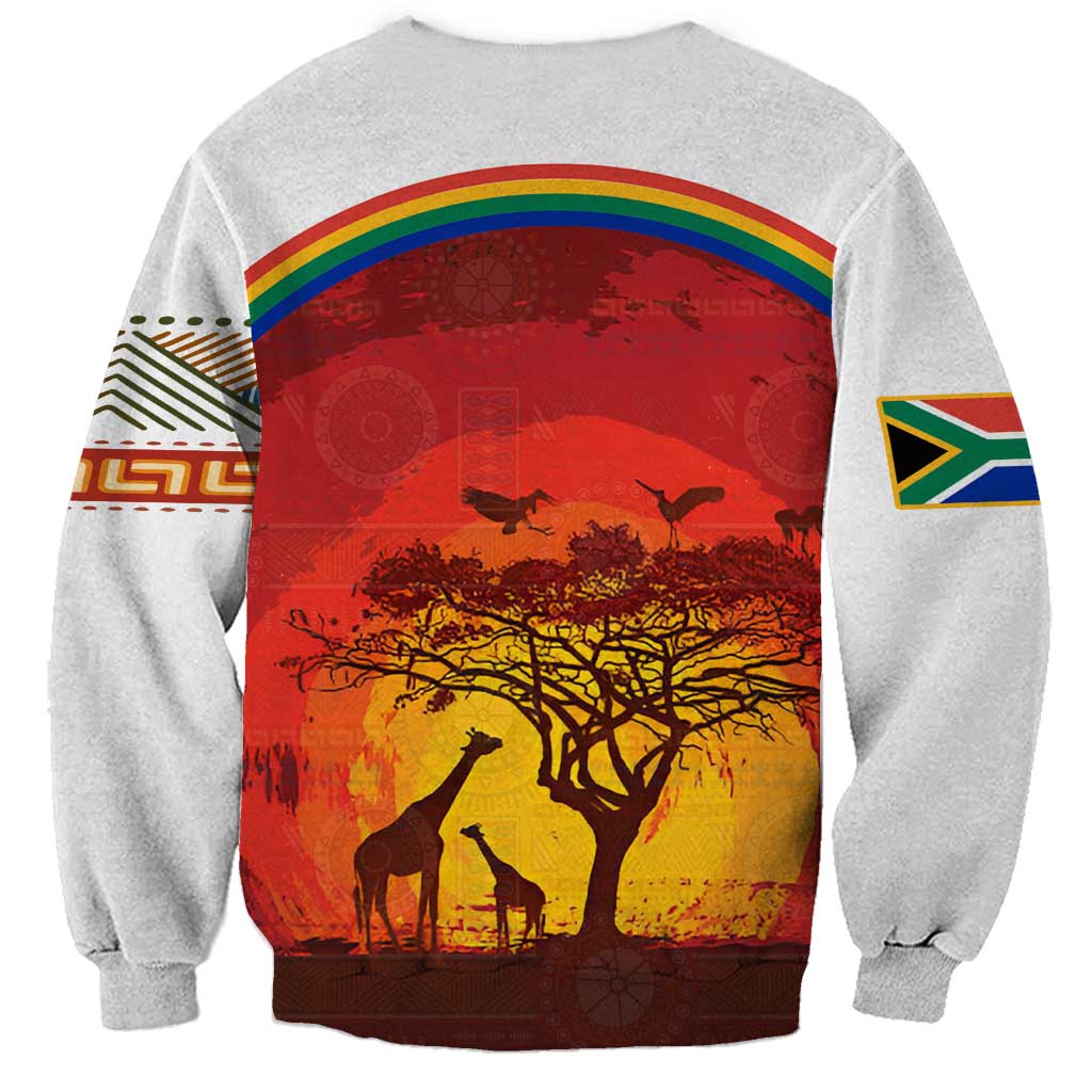 African Sunset Heritage Sweatshirt Tribal Pattern with Continent Silhouette, Rainbow Arc & Safari Scene