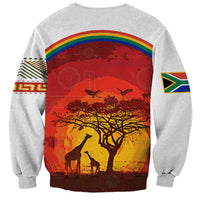 African Sunset Heritage Sweatshirt Tribal Pattern with Continent Silhouette, Rainbow Arc & Safari Scene