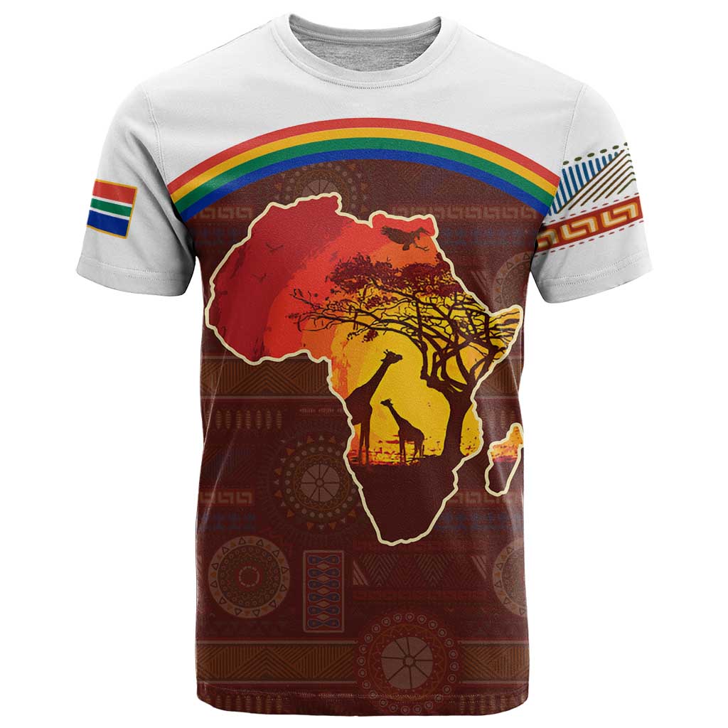 African Sunset Heritage T Shirt Tribal Pattern with Continent Silhouette, Rainbow Arc & Safari Scene