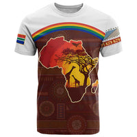 African Sunset Heritage T Shirt Tribal Pattern with Continent Silhouette, Rainbow Arc & Safari Scene