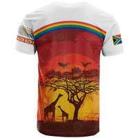 African Sunset Heritage T Shirt Tribal Pattern with Continent Silhouette, Rainbow Arc & Safari Scene