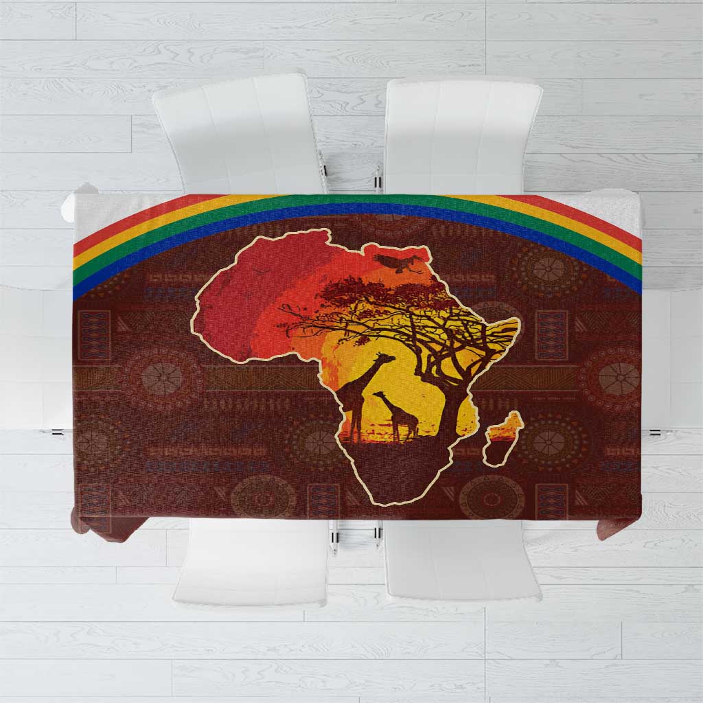 African Sunset Heritage Tablecloth Tribal Pattern with Continent Silhouette, Rainbow Arc & Safari Scene