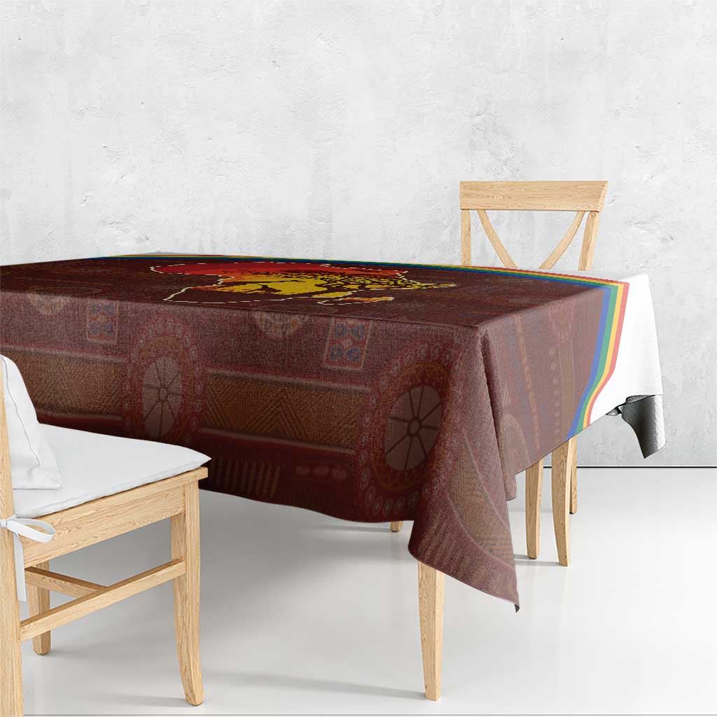 African Sunset Heritage Tablecloth Tribal Pattern with Continent Silhouette, Rainbow Arc & Safari Scene
