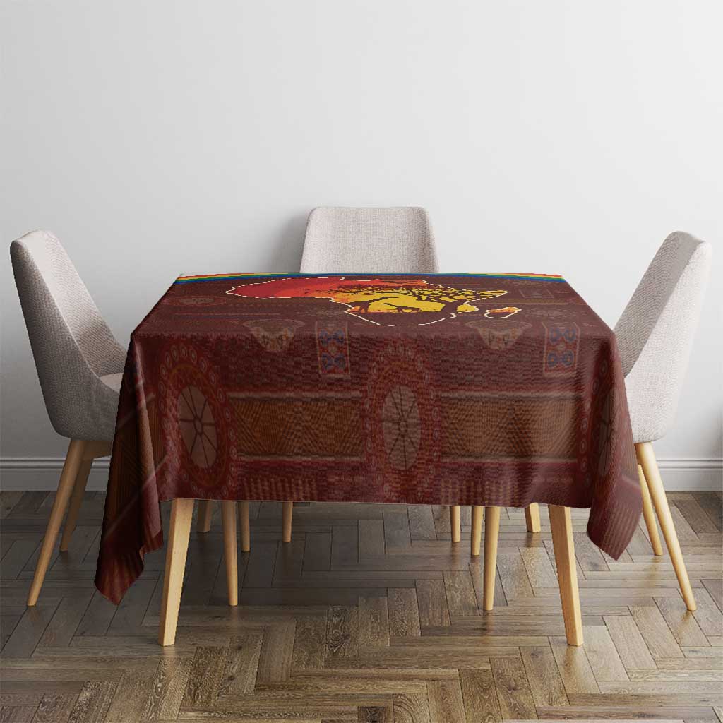 African Sunset Heritage Tablecloth Tribal Pattern with Continent Silhouette, Rainbow Arc & Safari Scene