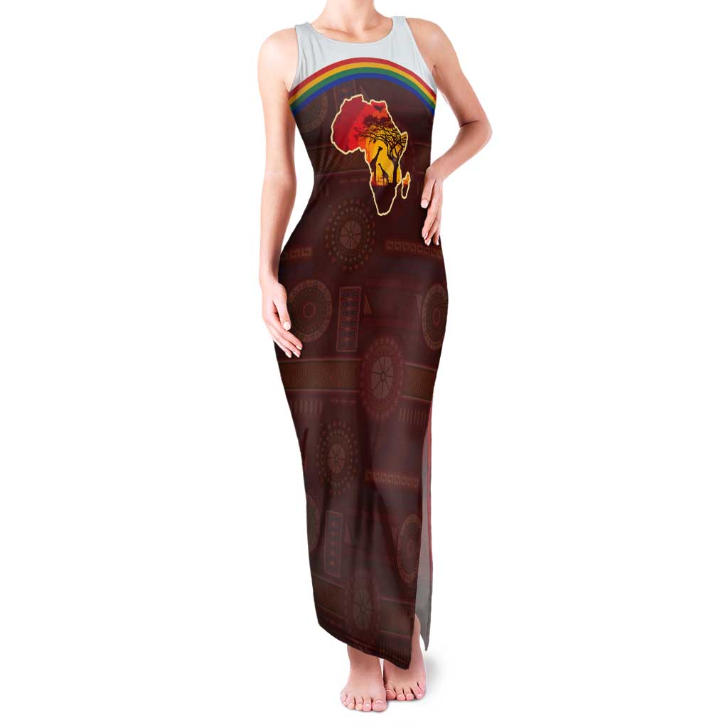African Sunset Heritage Tank Maxi Dress Tribal Pattern with Continent Silhouette, Rainbow Arc & Safari Scene