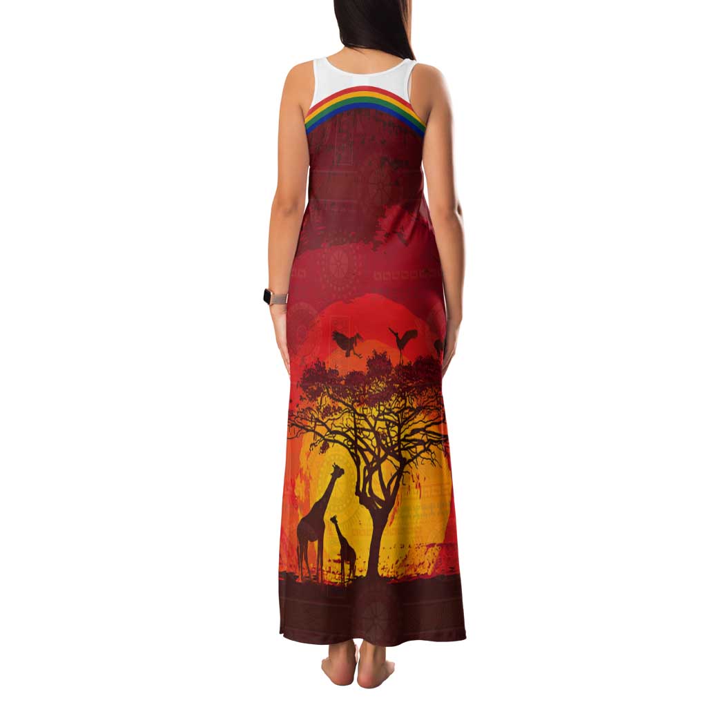 African Sunset Heritage Tank Maxi Dress Tribal Pattern with Continent Silhouette, Rainbow Arc & Safari Scene