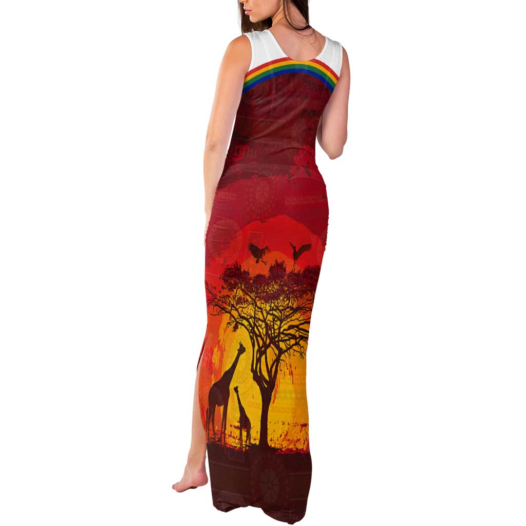 African Sunset Heritage Tank Maxi Dress Tribal Pattern with Continent Silhouette, Rainbow Arc & Safari Scene