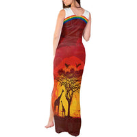 African Sunset Heritage Tank Maxi Dress Tribal Pattern with Continent Silhouette, Rainbow Arc & Safari Scene