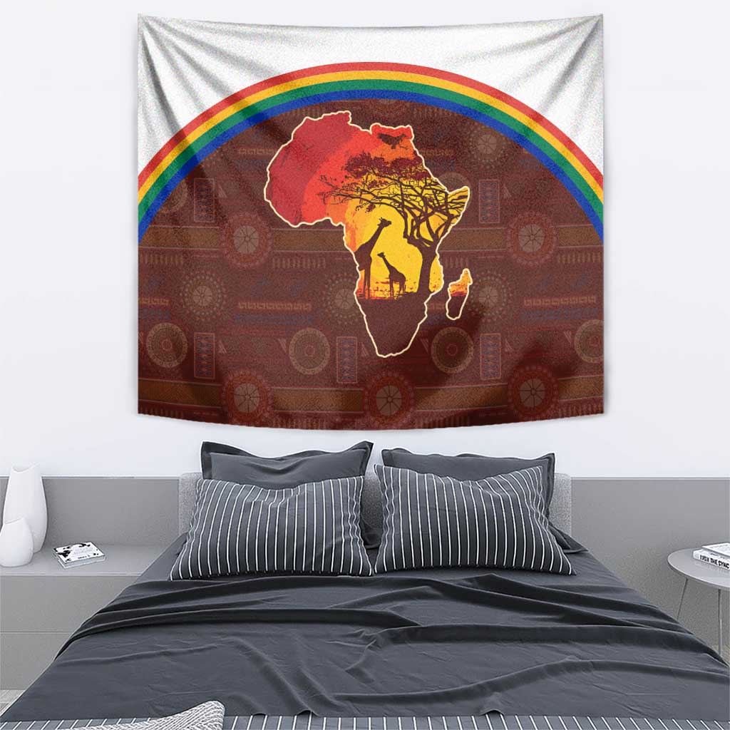 African Sunset Heritage Tapestry Tribal Pattern with Continent Silhouette, Rainbow Arc & Safari Scene