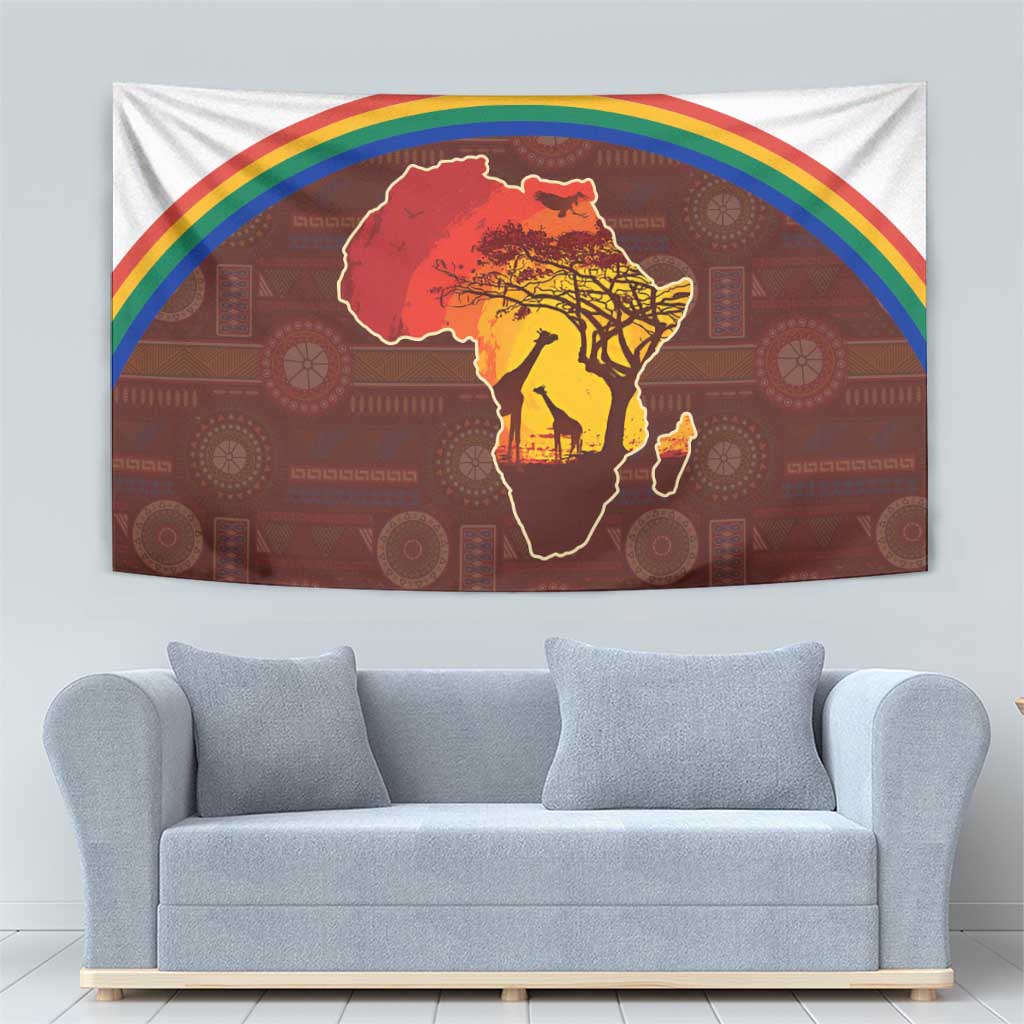 African Sunset Heritage Tapestry Tribal Pattern with Continent Silhouette, Rainbow Arc & Safari Scene