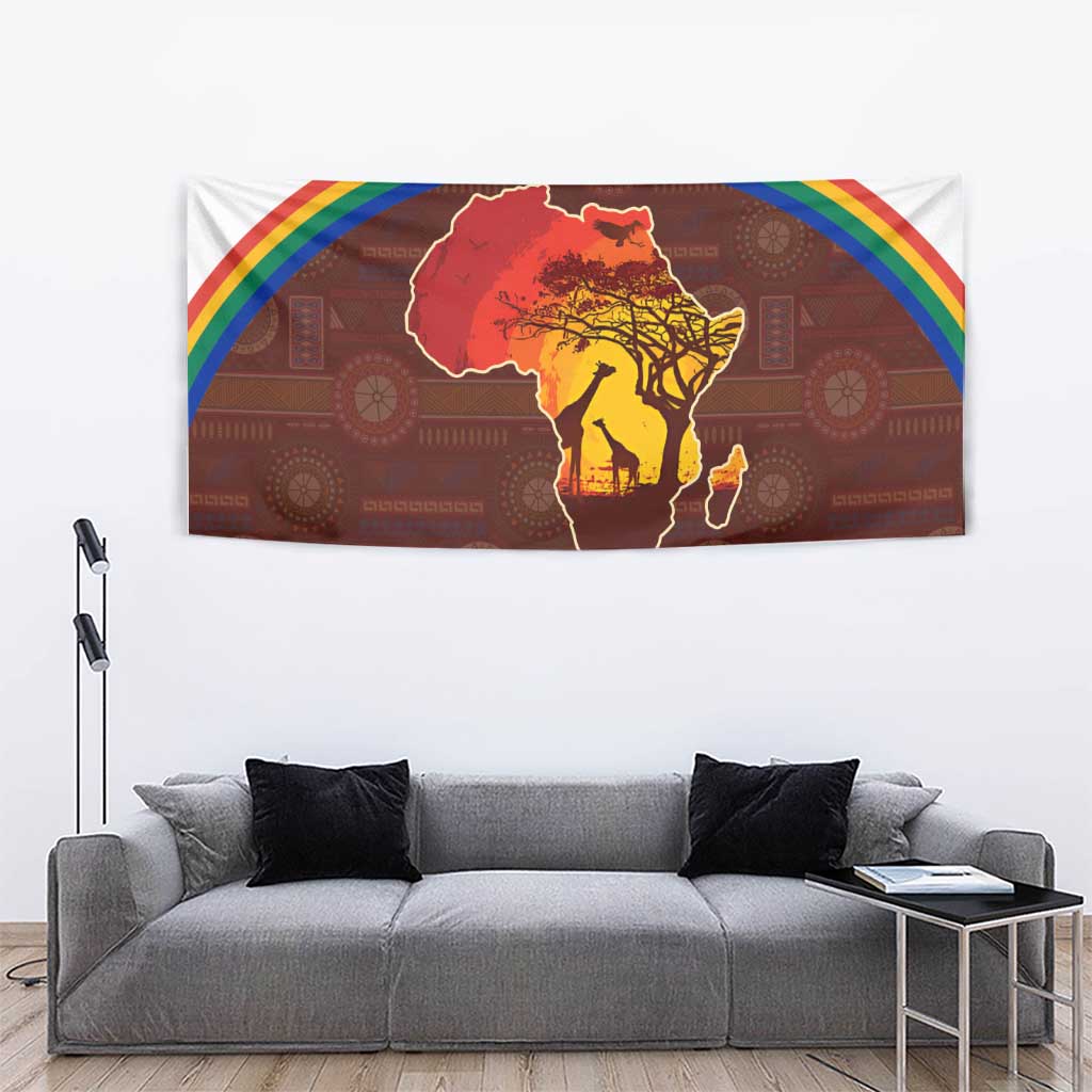 African Sunset Heritage Tapestry Tribal Pattern with Continent Silhouette, Rainbow Arc & Safari Scene