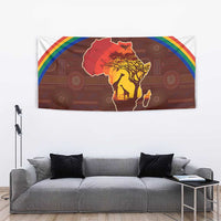 African Sunset Heritage Tapestry Tribal Pattern with Continent Silhouette, Rainbow Arc & Safari Scene