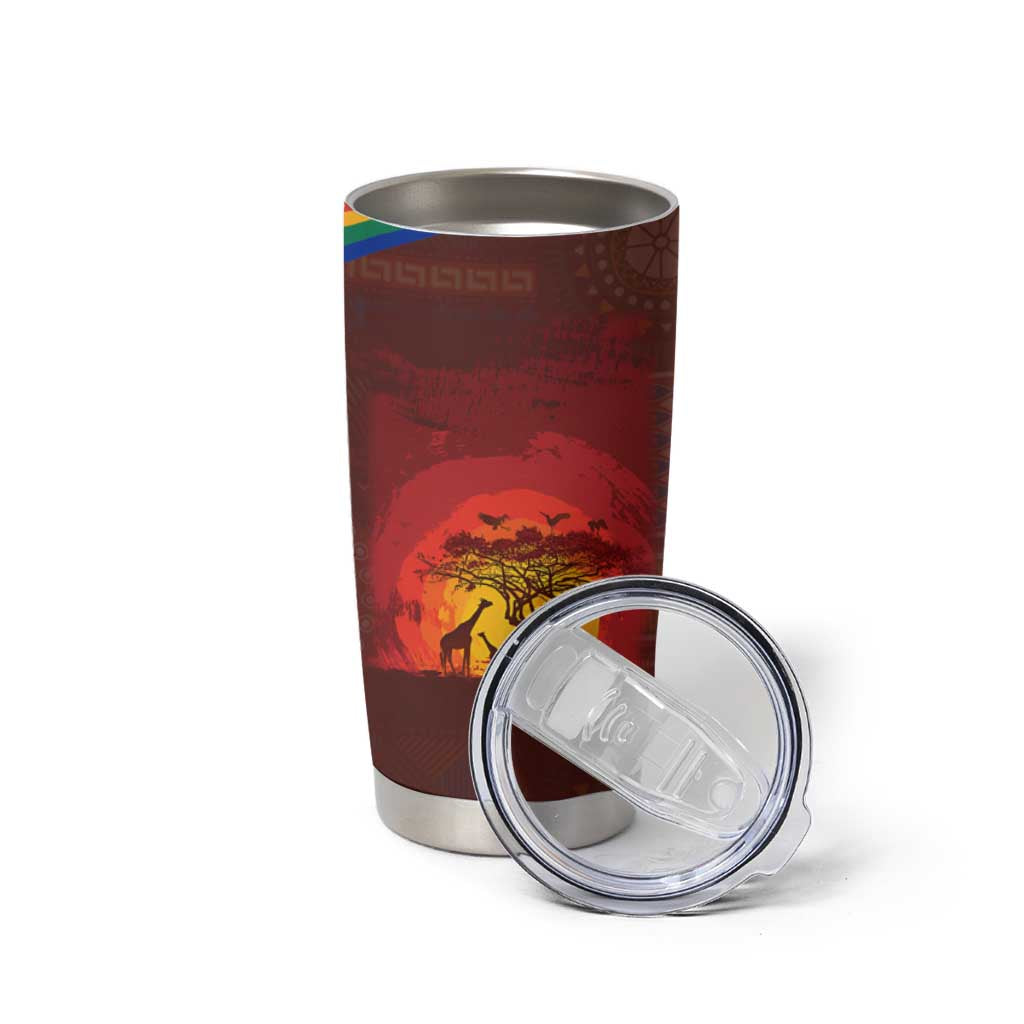 African Sunset Heritage Tumbler Cup Tribal Pattern with Continent Silhouette, Rainbow Arc & Safari Scene