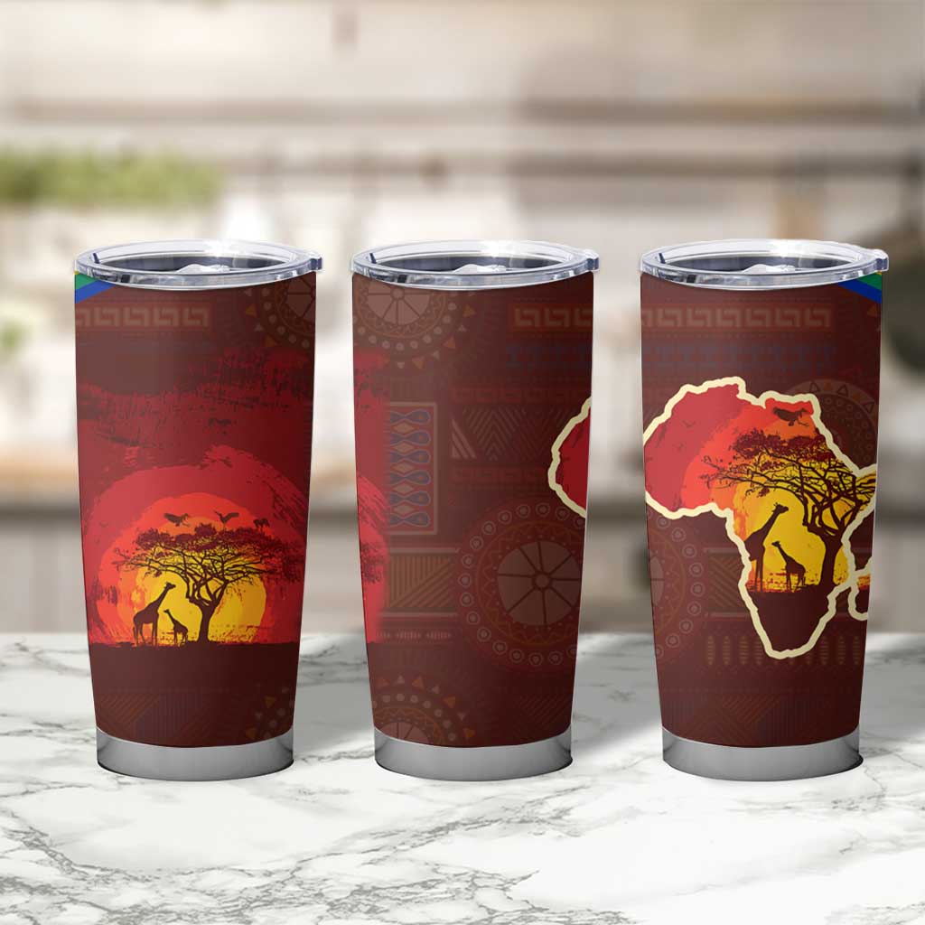 African Sunset Heritage Tumbler Cup Tribal Pattern with Continent Silhouette, Rainbow Arc & Safari Scene