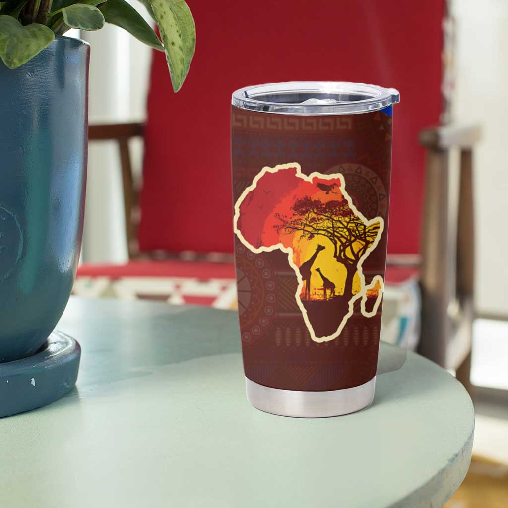 African Sunset Heritage Tumbler Cup Tribal Pattern with Continent Silhouette, Rainbow Arc & Safari Scene