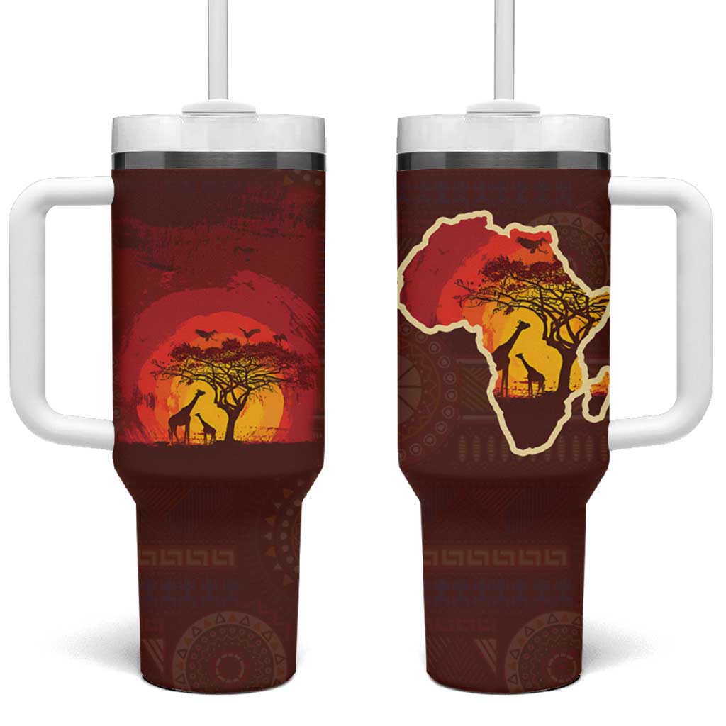 African Sunset Heritage Tumbler With Handle Tribal Pattern with Continent Silhouette, Rainbow Arc & Safari Scene