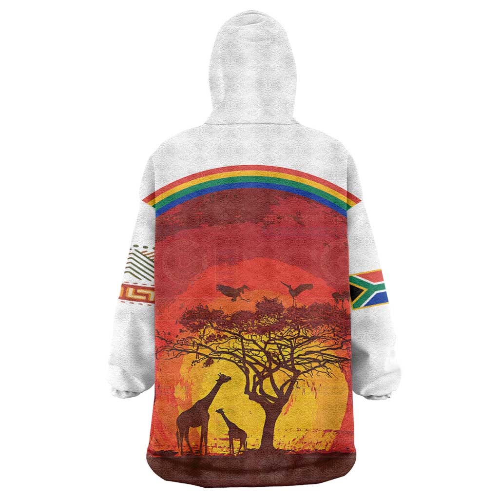 African Sunset Heritage Wearable Blanket Hoodie Tribal Pattern with Continent Silhouette, Rainbow Arc & Safari Scene