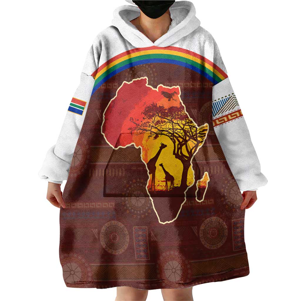 African Sunset Heritage Wearable Blanket Hoodie Tribal Pattern with Continent Silhouette, Rainbow Arc & Safari Scene