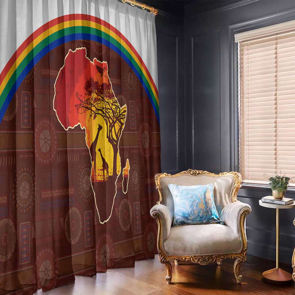 African Sunset Heritage Window Curtain Tribal Pattern with Continent Silhouette, Rainbow Arc & Safari Scene