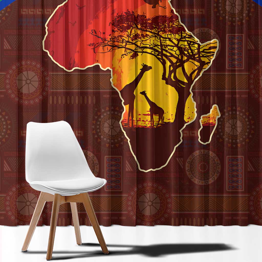 African Sunset Heritage Window Curtain Tribal Pattern with Continent Silhouette, Rainbow Arc & Safari Scene