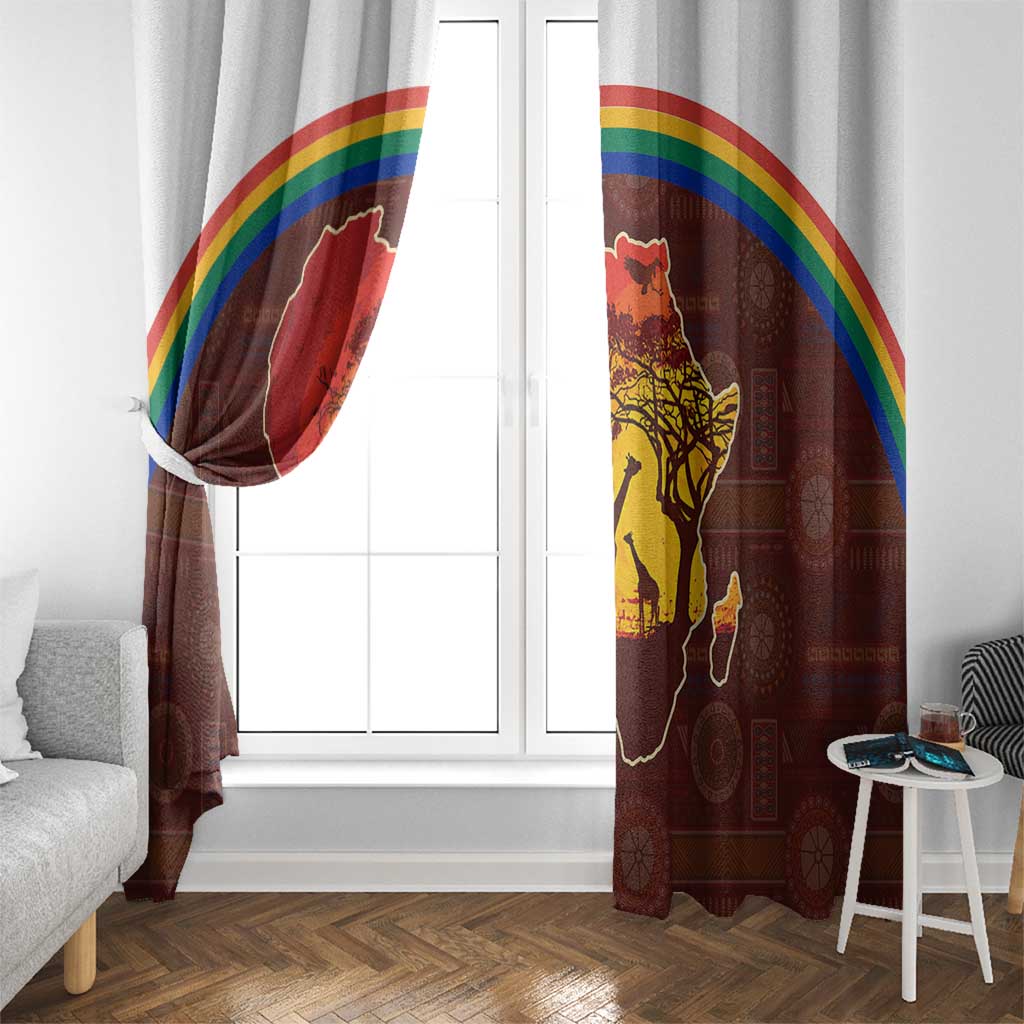 African Sunset Heritage Window Curtain Tribal Pattern with Continent Silhouette, Rainbow Arc & Safari Scene