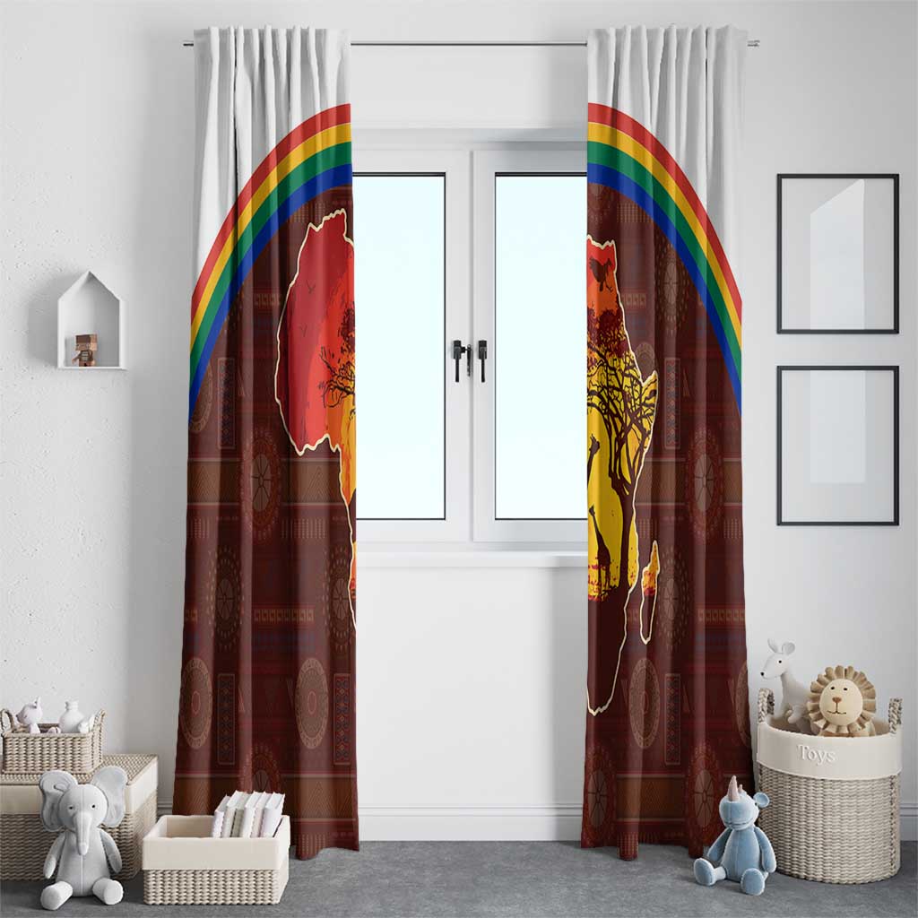 African Sunset Heritage Window Curtain Tribal Pattern with Continent Silhouette, Rainbow Arc & Safari Scene