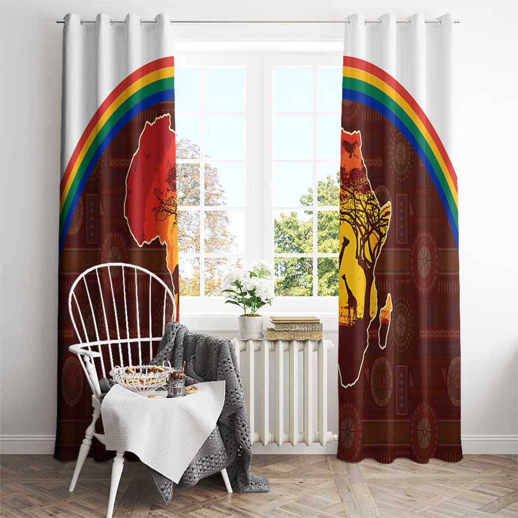 African Sunset Heritage Window Curtain Tribal Pattern with Continent Silhouette, Rainbow Arc & Safari Scene