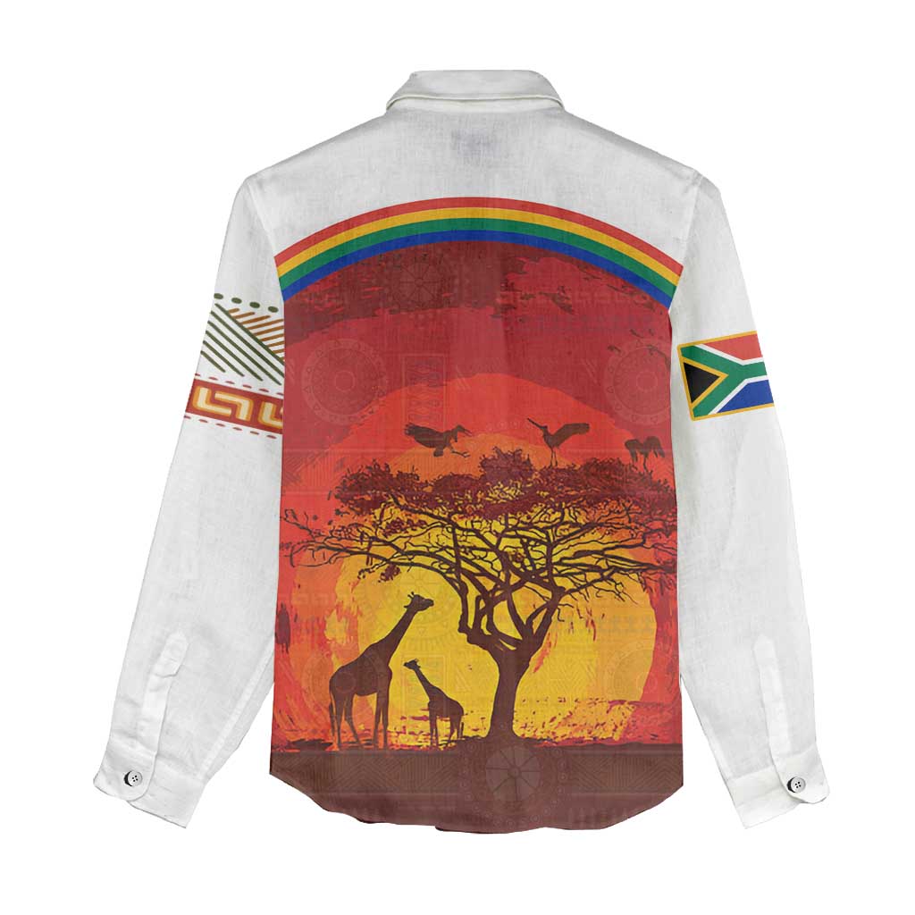 African Sunset Heritage Women Casual Shirt Tribal Pattern with Continent Silhouette, Rainbow Arc & Safari Scene