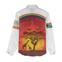 African Sunset Heritage Women Casual Shirt Tribal Pattern with Continent Silhouette, Rainbow Arc & Safari Scene