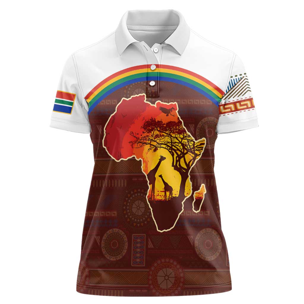 African Sunset Heritage Women Polo Shirt Tribal Pattern with Continent Silhouette, Rainbow Arc & Safari Scene