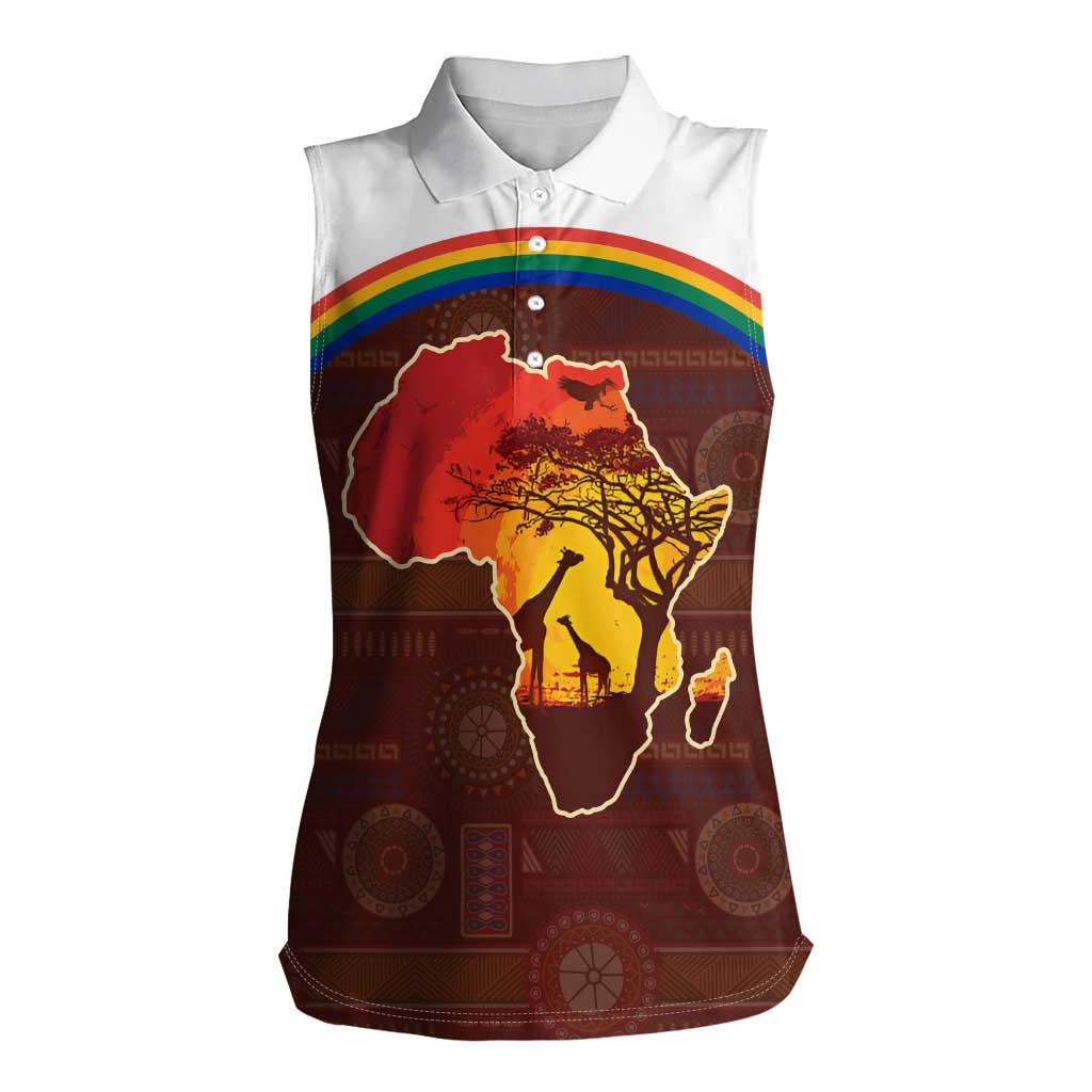 African Sunset Heritage Women Sleeveless Polo Shirt Tribal Pattern with Continent Silhouette, Rainbow Arc & Safari Scene