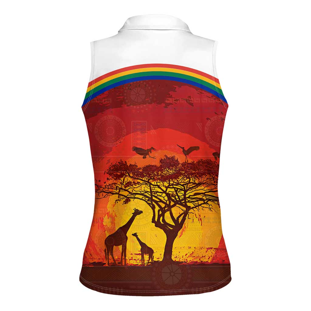 African Sunset Heritage Women Sleeveless Polo Shirt Tribal Pattern with Continent Silhouette, Rainbow Arc & Safari Scene