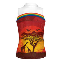 African Sunset Heritage Women Sleeveless Polo Shirt Tribal Pattern with Continent Silhouette, Rainbow Arc & Safari Scene