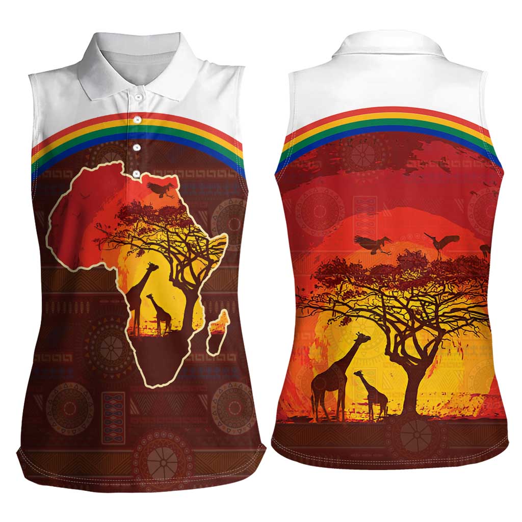 African Sunset Heritage Women Sleeveless Polo Shirt Tribal Pattern with Continent Silhouette, Rainbow Arc & Safari Scene