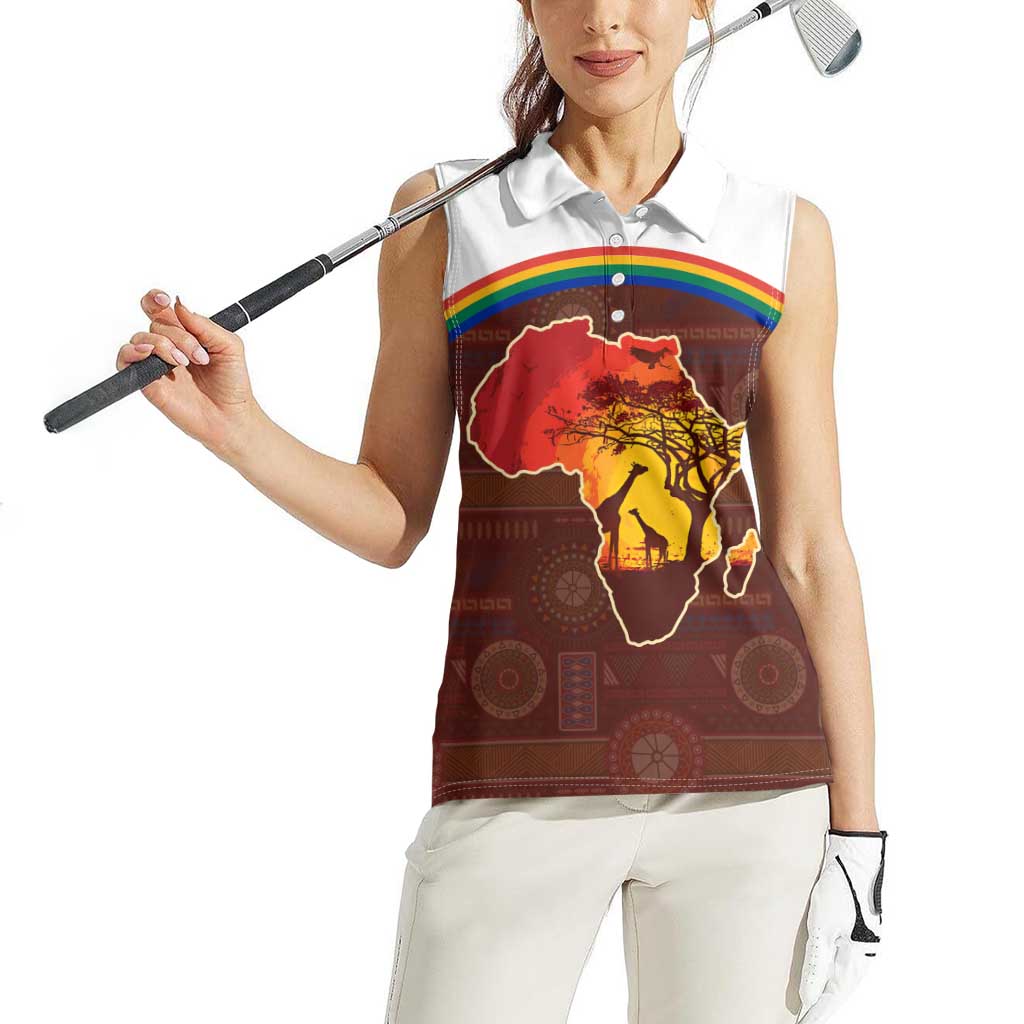 African Sunset Heritage Women Sleeveless Polo Shirt Tribal Pattern with Continent Silhouette, Rainbow Arc & Safari Scene