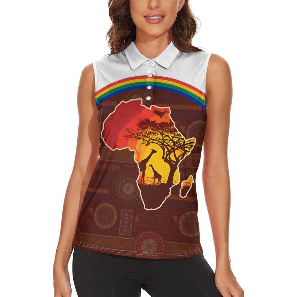 African Sunset Heritage Women Sleeveless Polo Shirt Tribal Pattern with Continent Silhouette, Rainbow Arc & Safari Scene