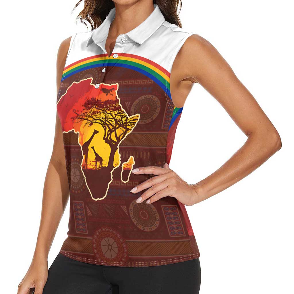 African Sunset Heritage Women Sleeveless Polo Shirt Tribal Pattern with Continent Silhouette, Rainbow Arc & Safari Scene