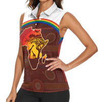African Sunset Heritage Women Sleeveless Polo Shirt Tribal Pattern with Continent Silhouette, Rainbow Arc & Safari Scene