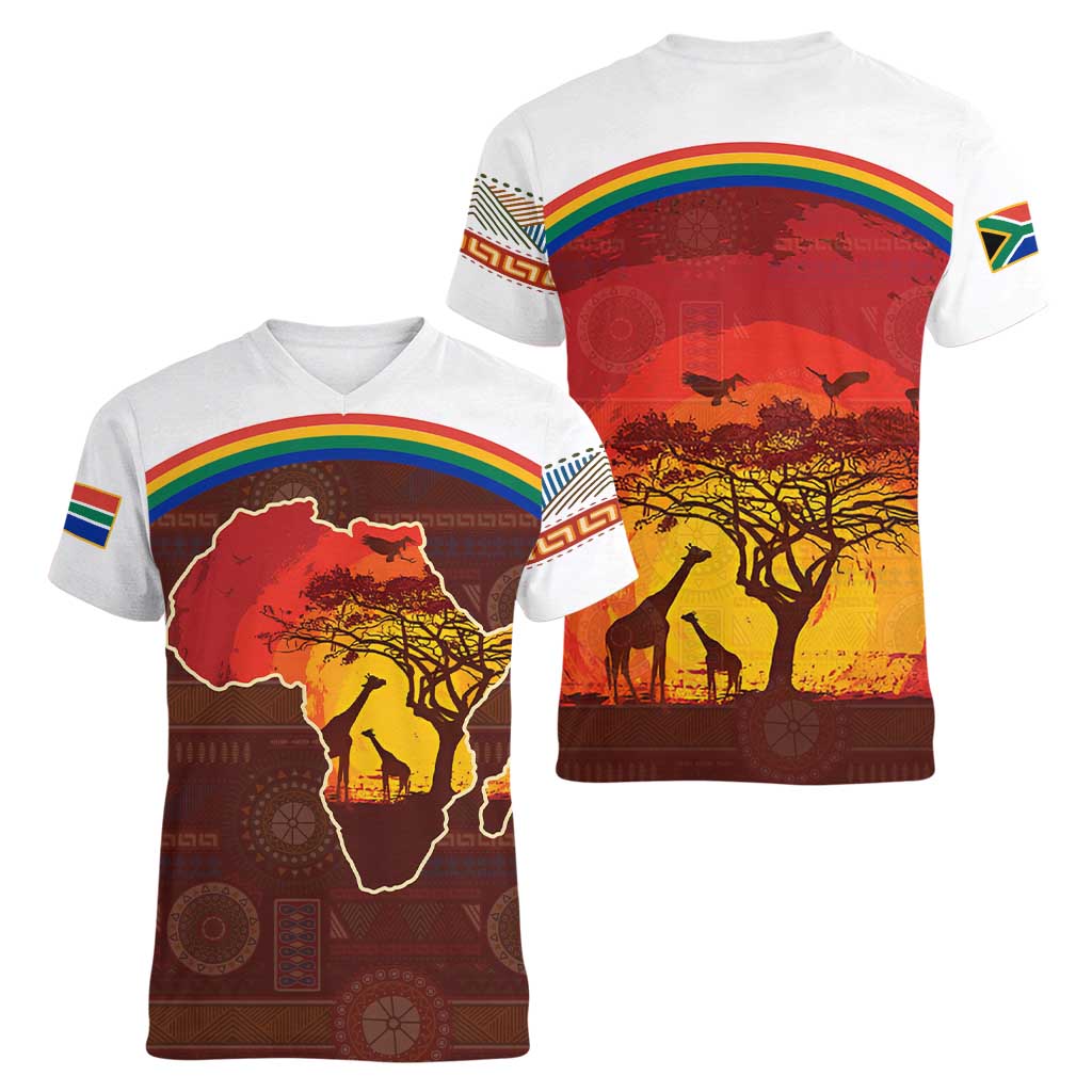 African Sunset Heritage Women V-Neck T-Shirt Tribal Pattern with Continent Silhouette, Rainbow Arc & Safari Scene