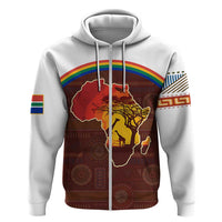 African Sunset Heritage Zip Hoodie Tribal Pattern with Continent Silhouette, Rainbow Arc & Safari Scene