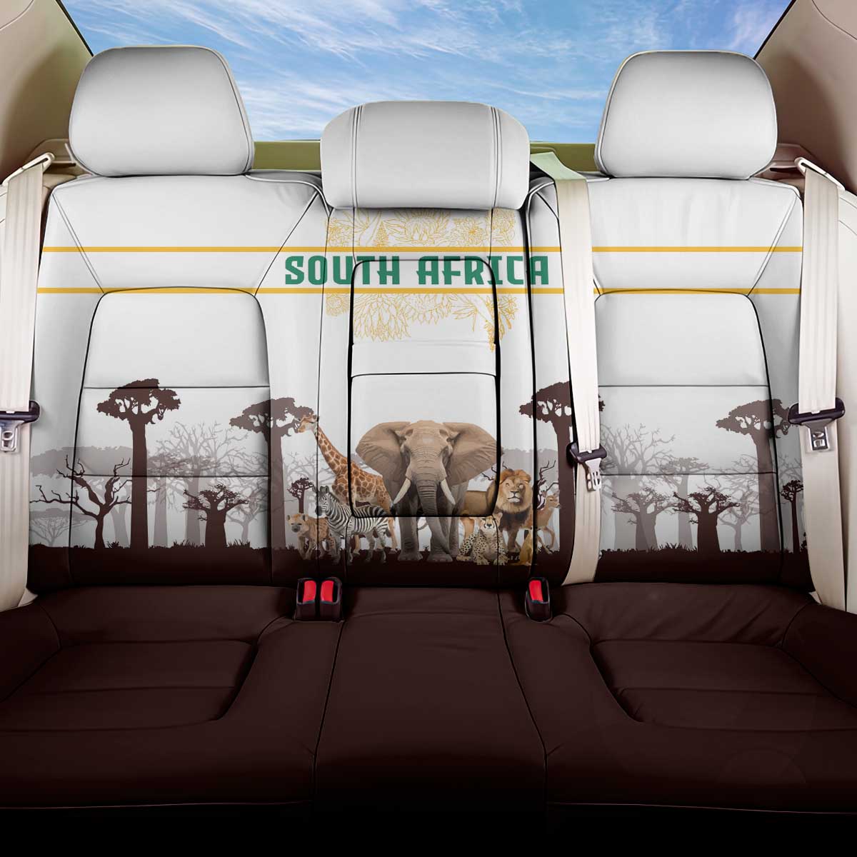 South Africa Wildlife Pride Back Car Seat Cover Big Five with National Flag and Protea Floral Accent