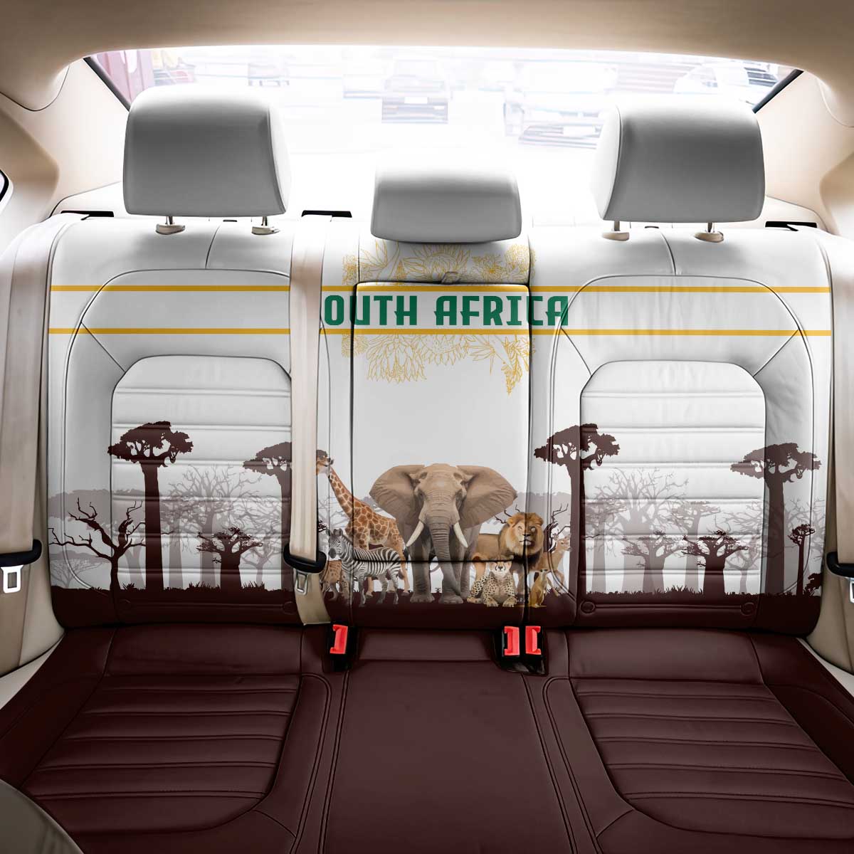 South Africa Wildlife Pride Back Car Seat Cover Big Five with National Flag and Protea Floral Accent