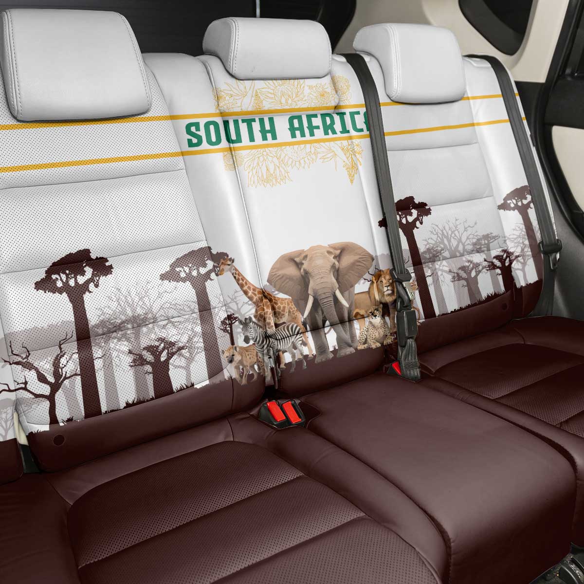 South Africa Wildlife Pride Back Car Seat Cover Big Five with National Flag and Protea Floral Accent