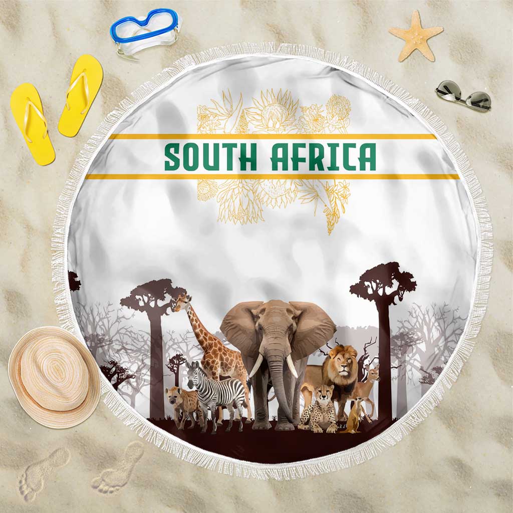 South Africa Wildlife Pride Beach Blanket Big Five with National Flag and Protea Floral Accent