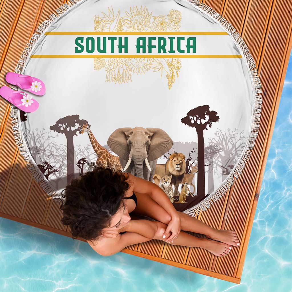 South Africa Wildlife Pride Beach Blanket Big Five with National Flag and Protea Floral Accent