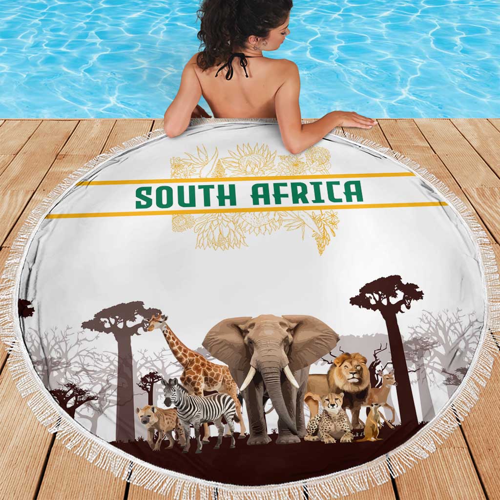 South Africa Wildlife Pride Beach Blanket Big Five with National Flag and Protea Floral Accent