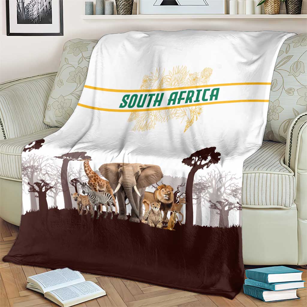 South Africa Wildlife Pride Blanket Big Five with National Flag and Protea Floral Accent