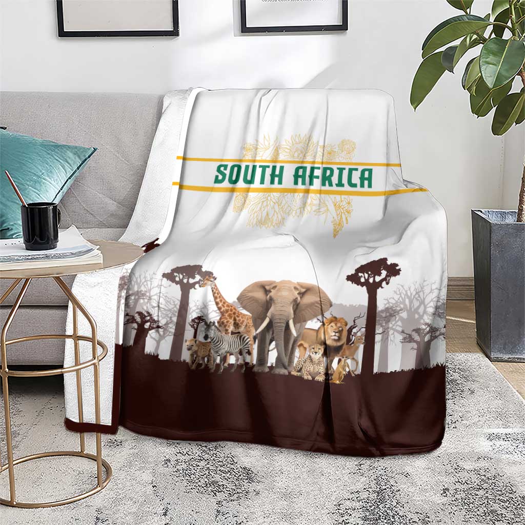 South Africa Wildlife Pride Blanket Big Five with National Flag and Protea Floral Accent