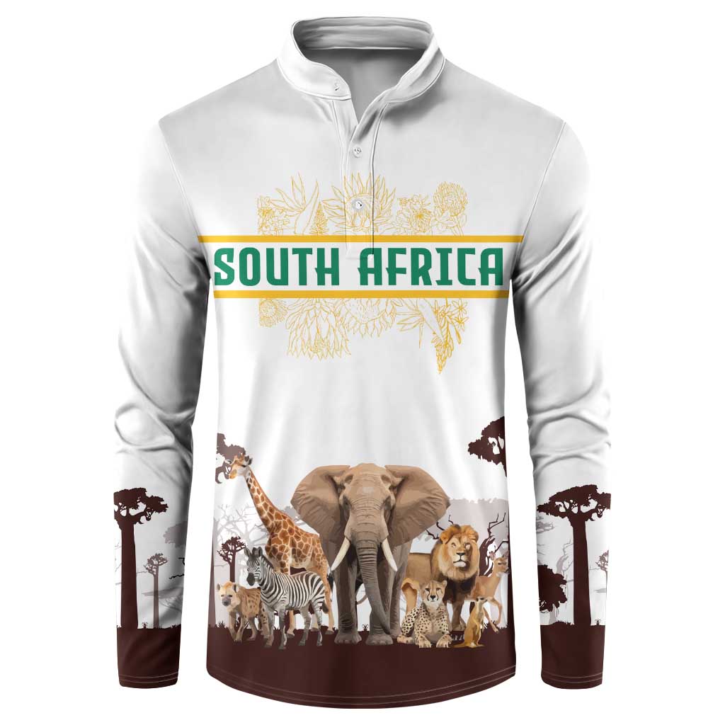 South Africa Wildlife Pride Button Sweatshirt Big Five with National Flag and Protea Floral Accent